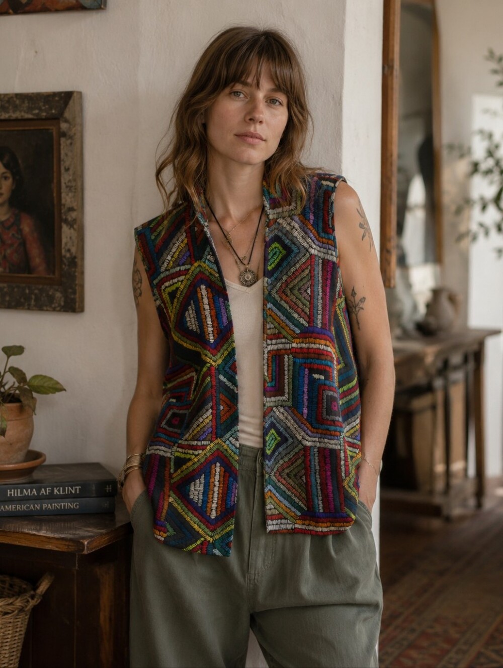 Parsley & Sage Women's Open Front Vest Geometric Wearable Art Lagenlook XL
